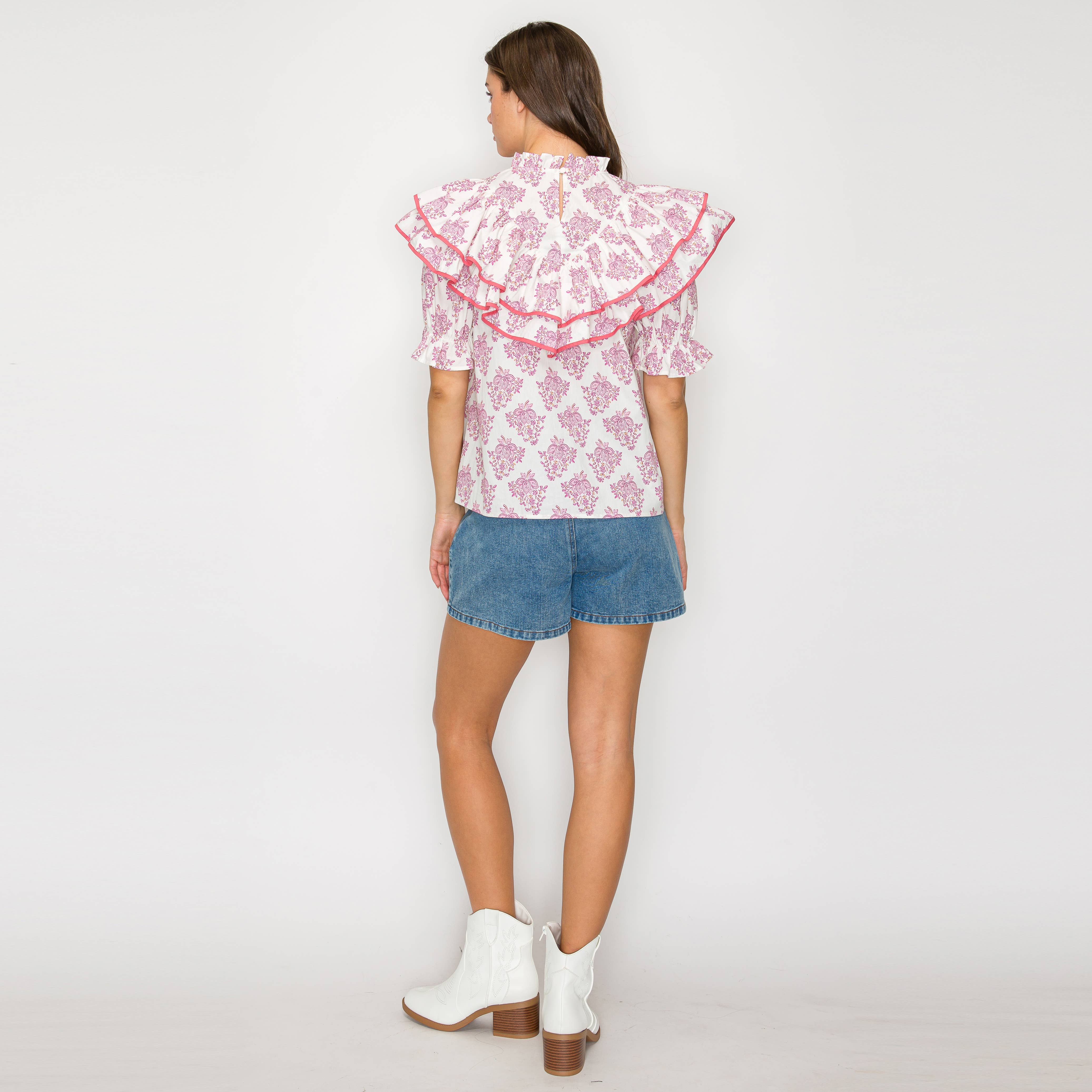 Double Ruffle Cotton Blouse with Ajrak print - Pink -LWT1982