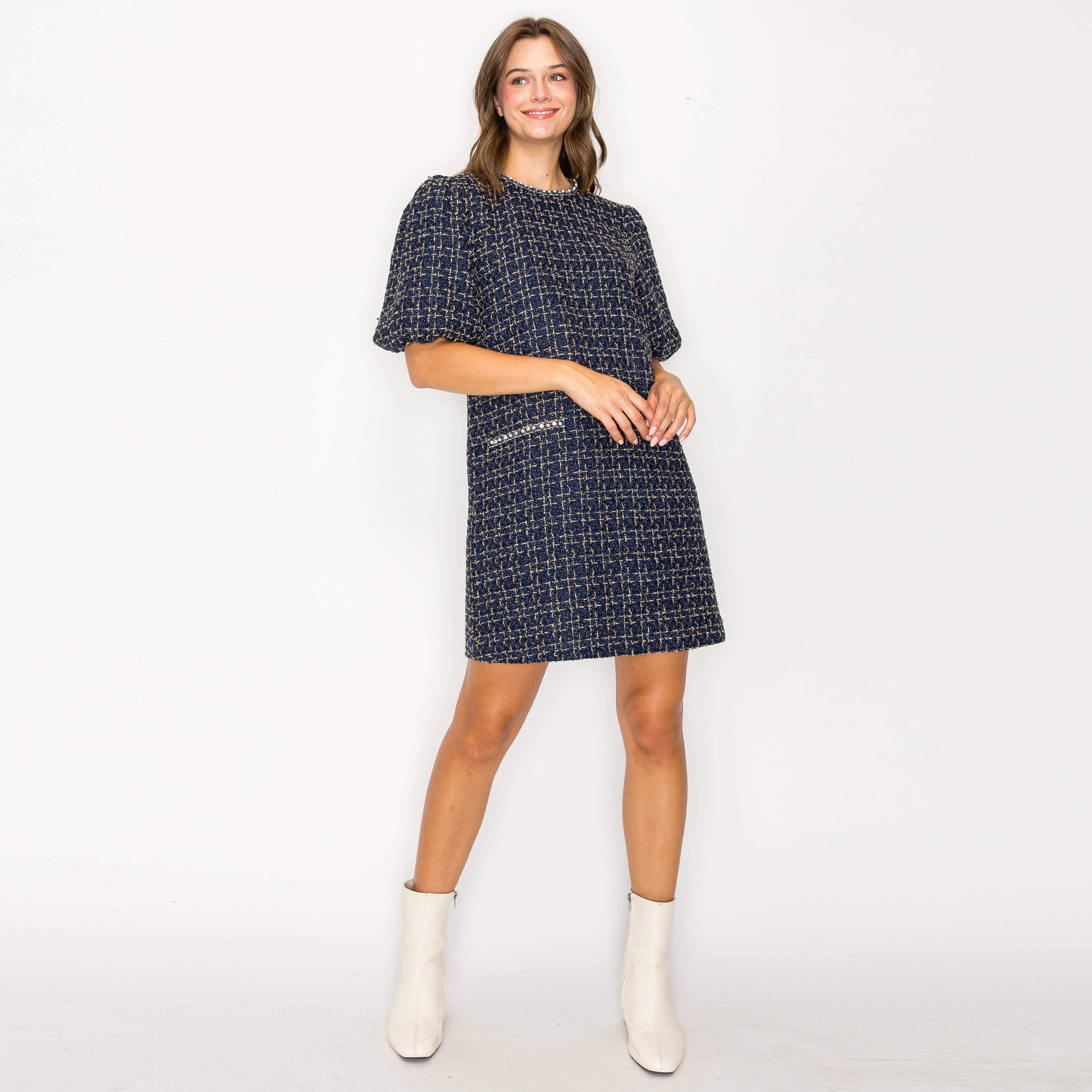 Boucle mini dress with jewel trim