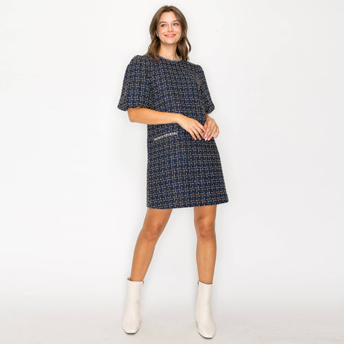 Boucle mini dress with jewel trim