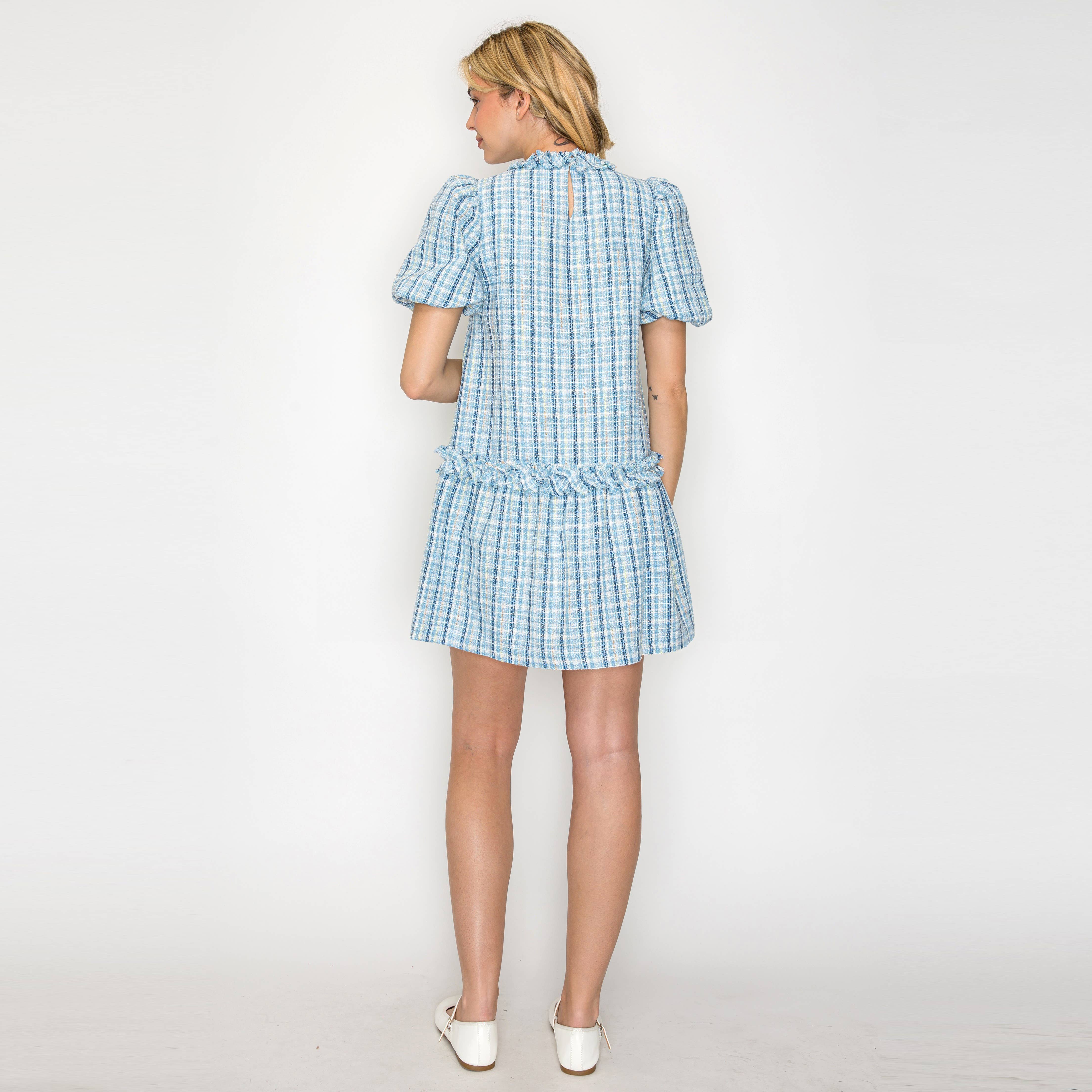 Charlotte Light Blue Boucle Mini Dress Puff Sleeves -LWD2879