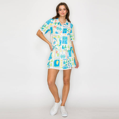 Retro Blue Palm Tree Print Skort w/ Rick Rack trim