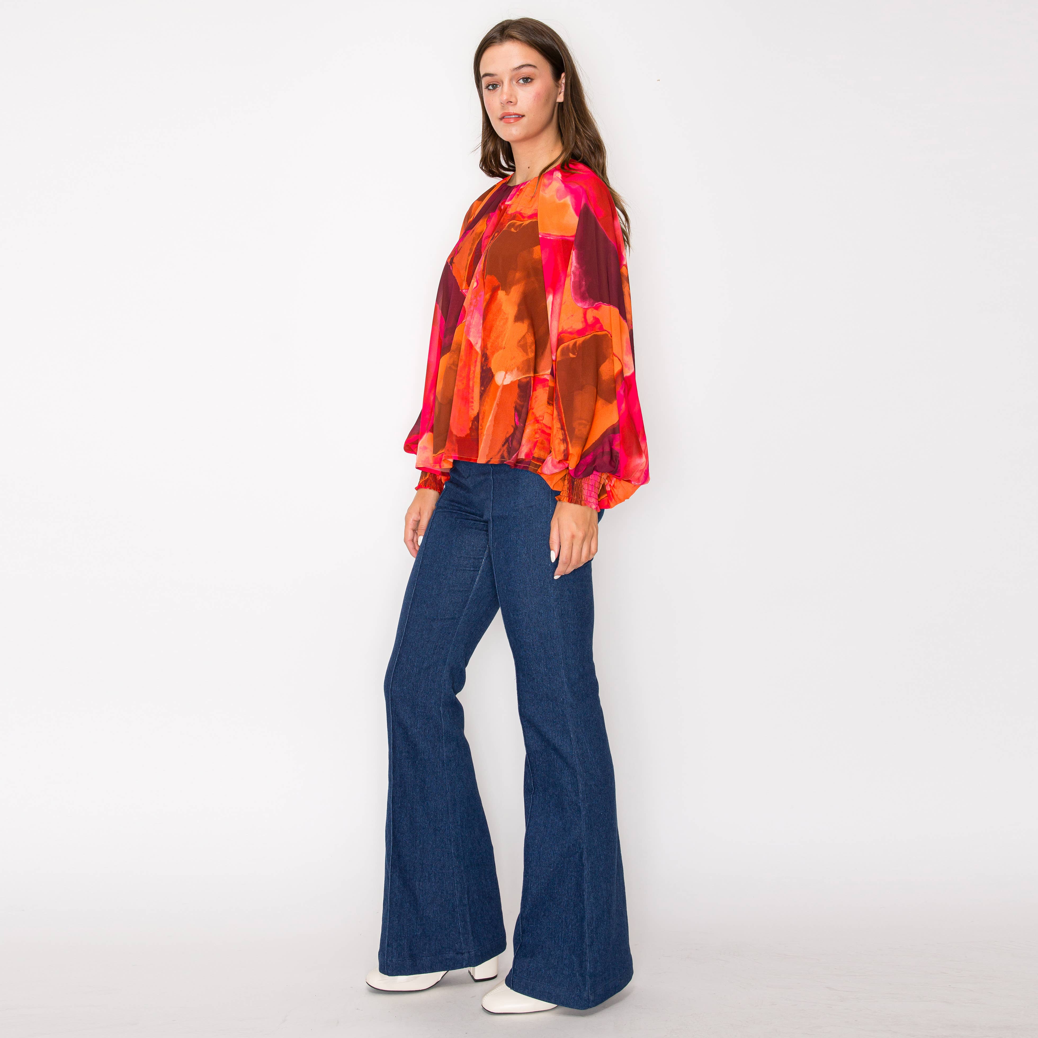 Jewel color abstract print long sleeve blouse
