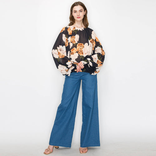 Black flower print blouse