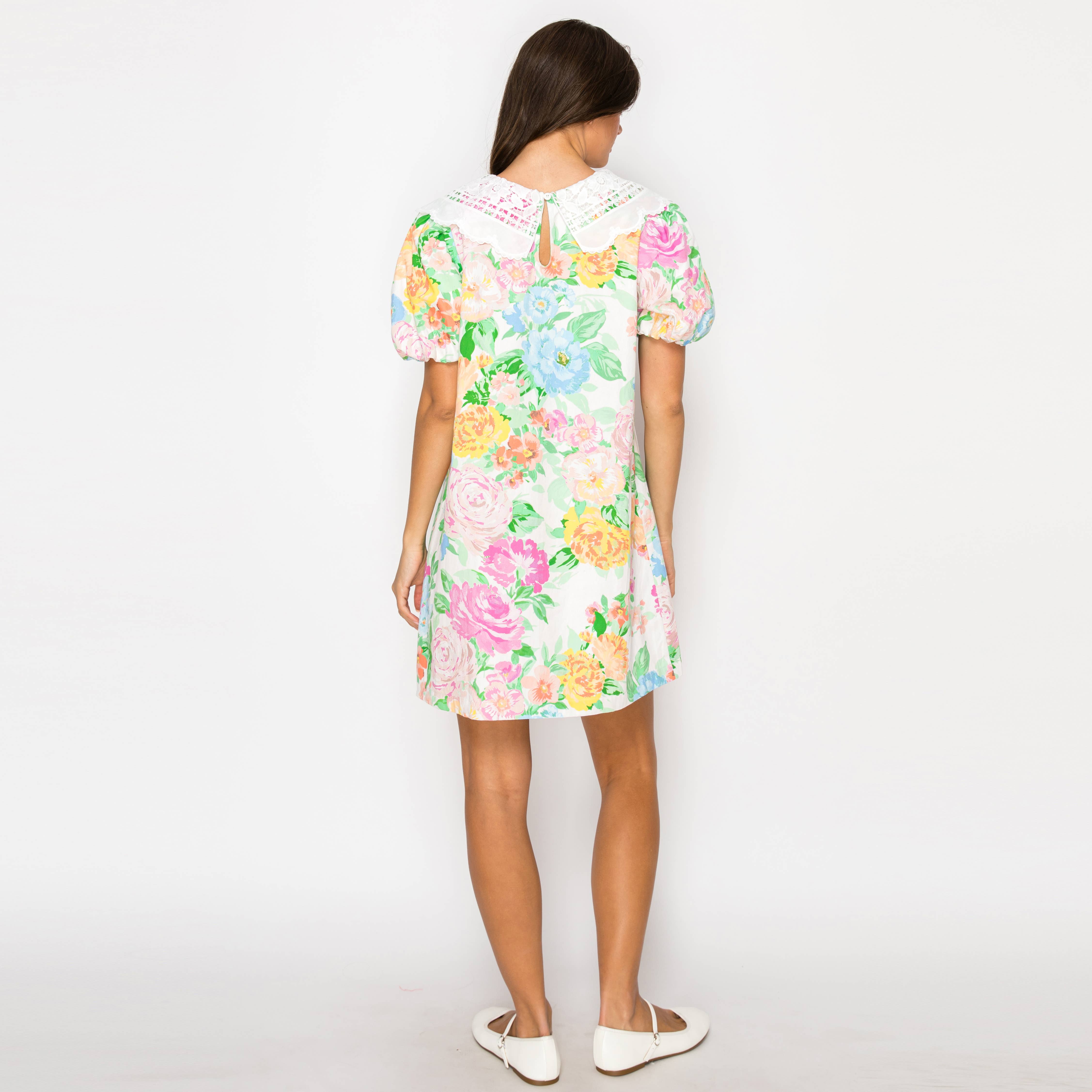 Garden Flower Print Lace Collar Mini Shift Dress