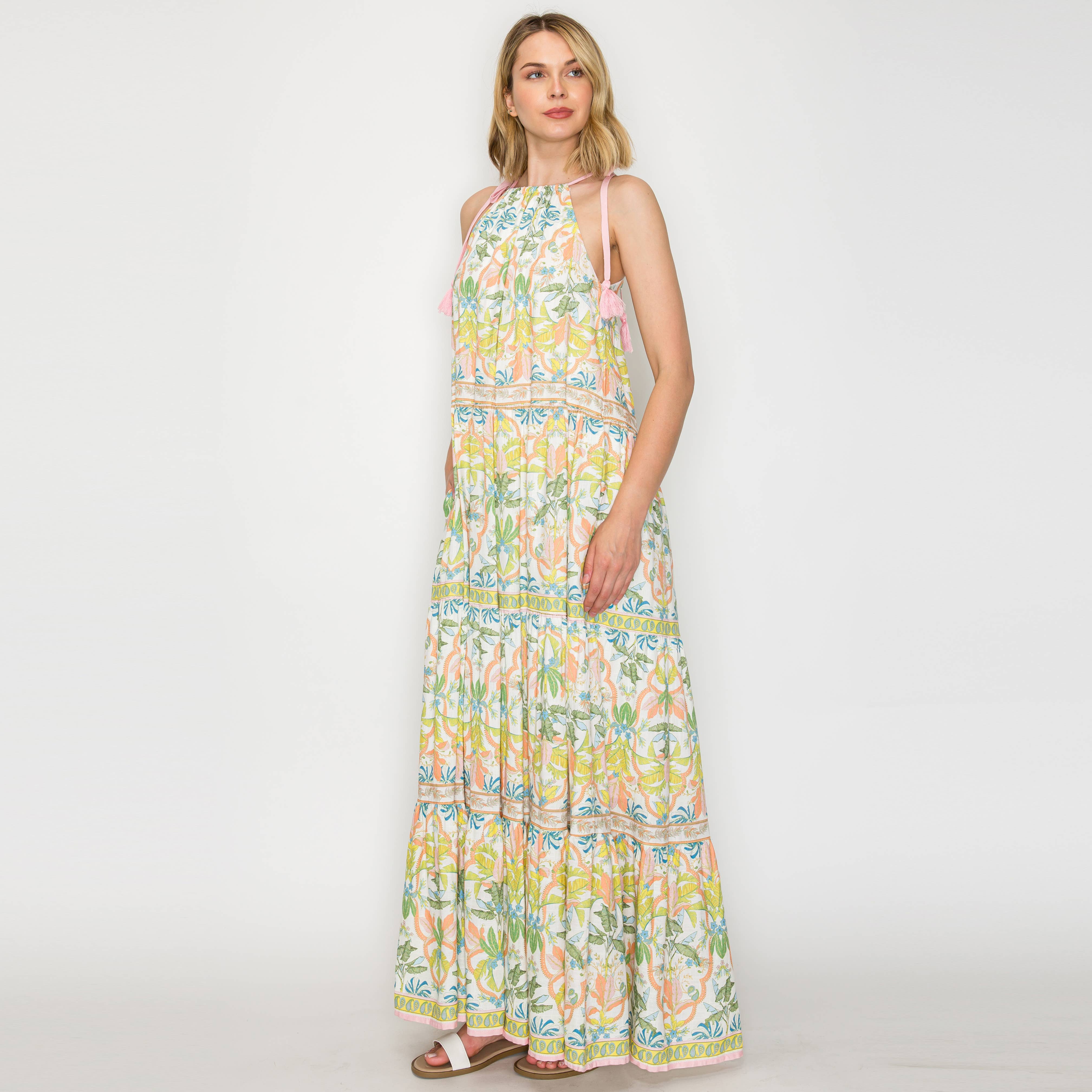 Lemon Yellow Jungle Maxi Halter Dress