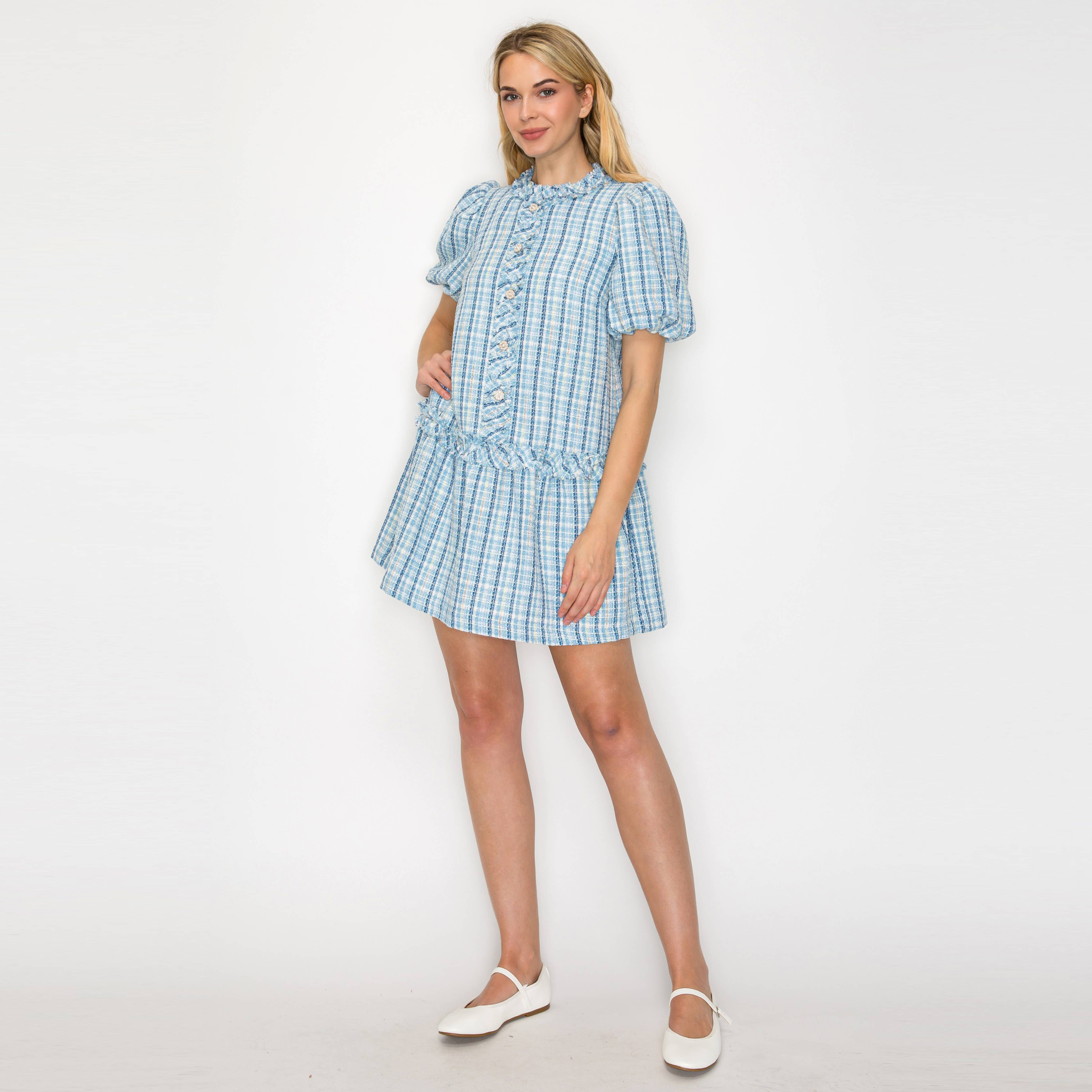 Charlotte Light Blue Boucle Mini Dress Puff Sleeves -LWD2879