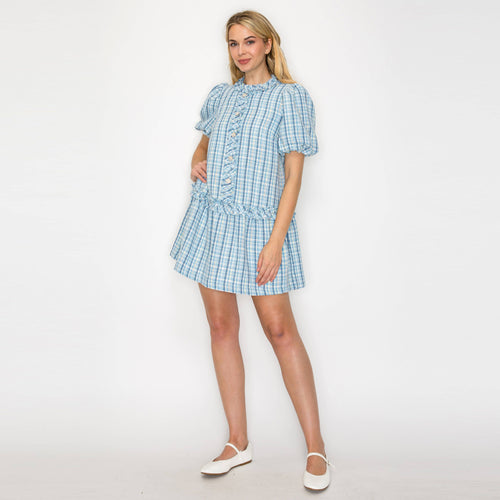 Charlotte Light Blue Boucle Mini Dress Puff Sleeves -LWD2879
