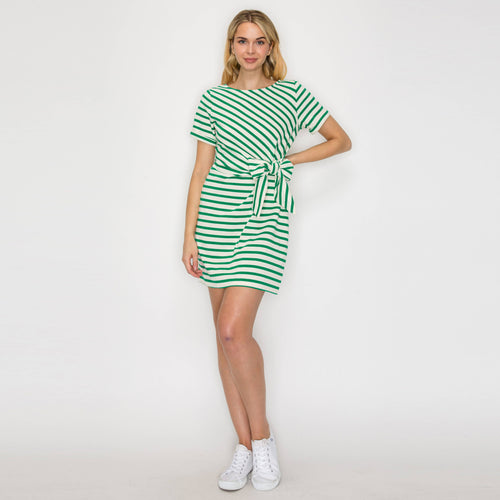 Green Striped Knit Mini Dress with Front Tie