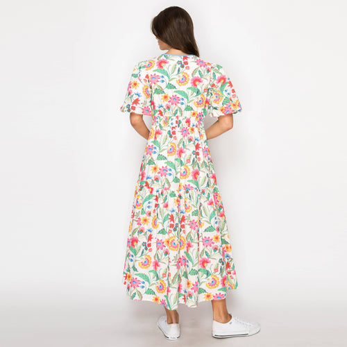 Summer Jacobean Flower Print Midi Dress Blue Binding-LWD2906