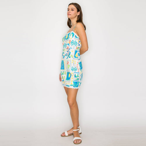 Retro Blue Palm Tree Mini Dress w/ Rick Rack trim