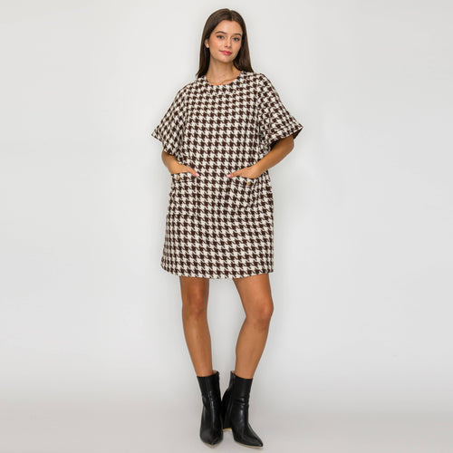 Mocha Latte Houndstooth JQD Mini Dress