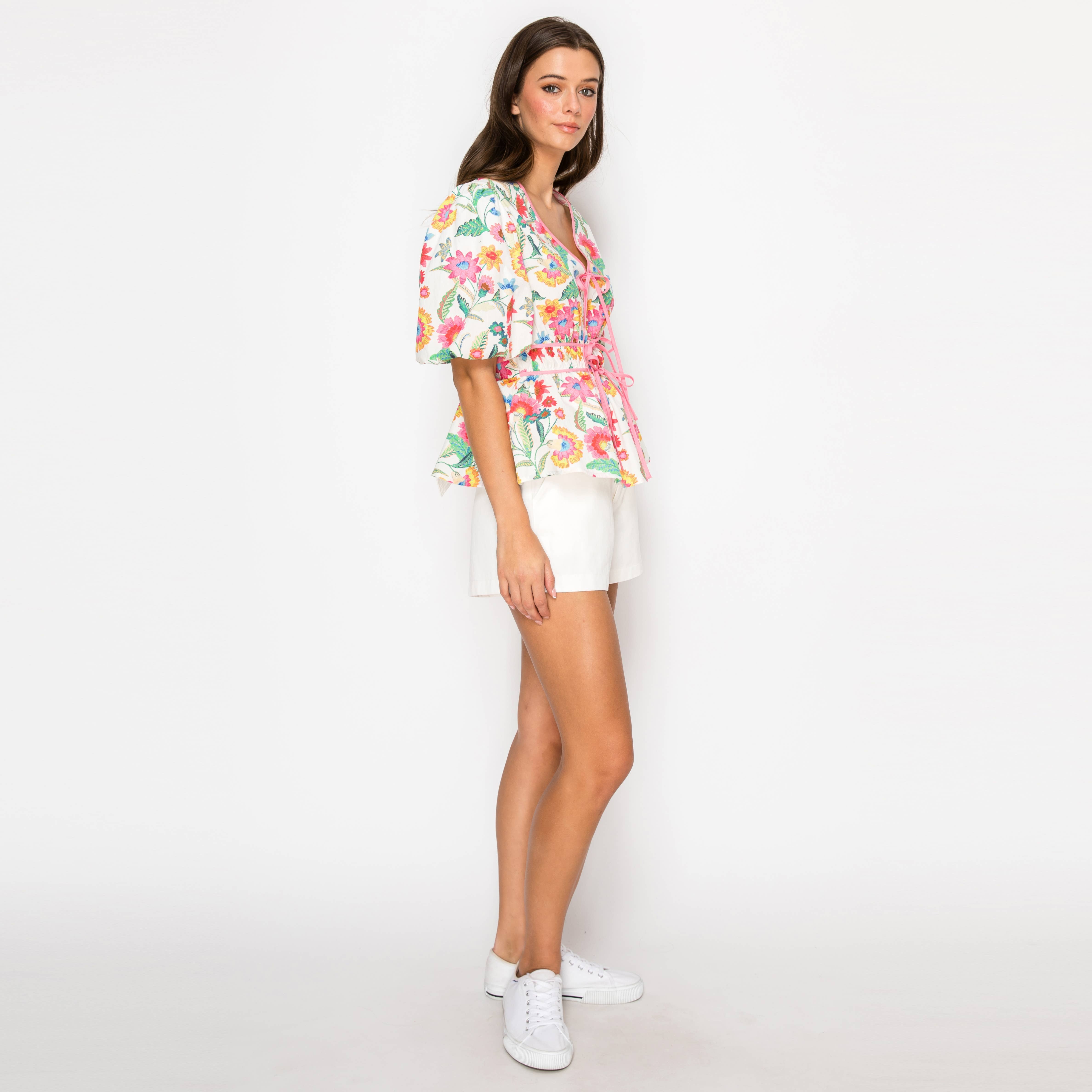 Summer Jacobean Flower Print Top with Bow tie