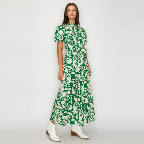 Emerald Meadow Belted Maxi Shirt Dress