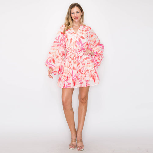 Print mini dress with voluminous long sleeves