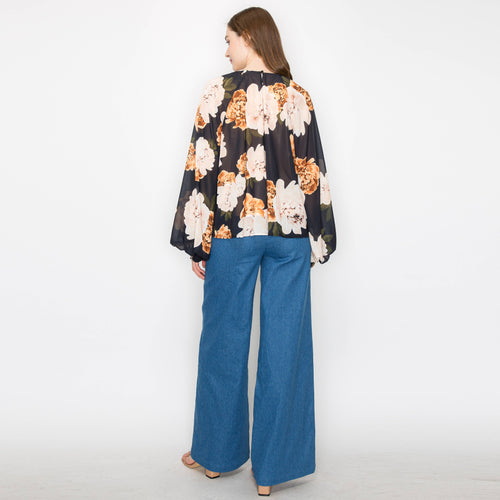 Black flower print blouse