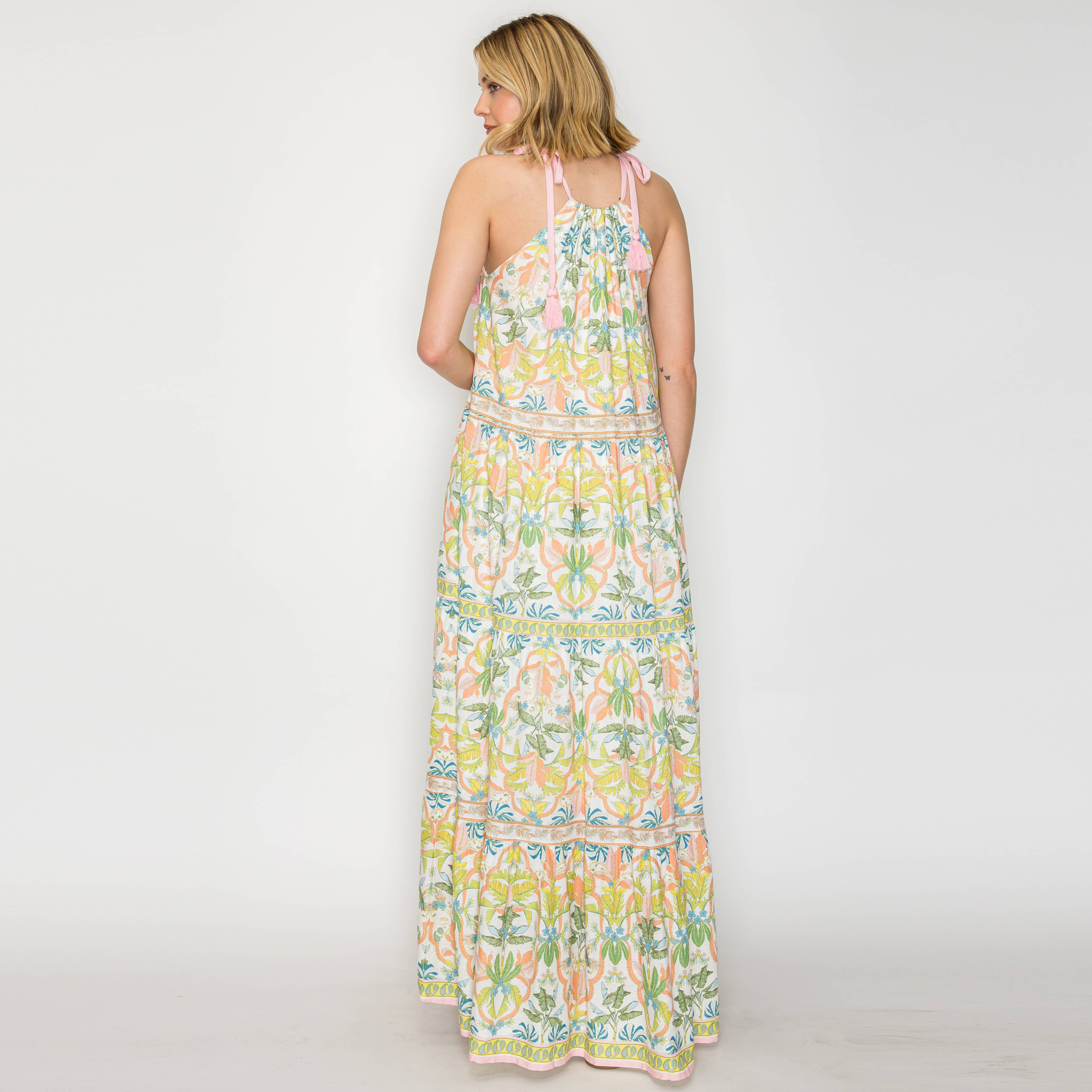 Lemon Yellow Jungle Maxi Halter Dress