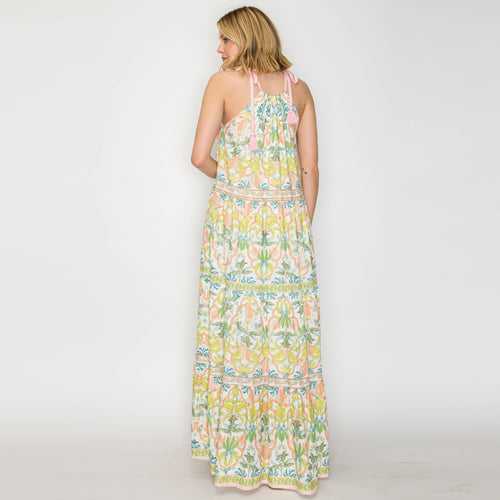 Lemon Yellow Jungle Maxi Halter Dress