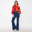 Jewel color abstract print long sleeve blouse
