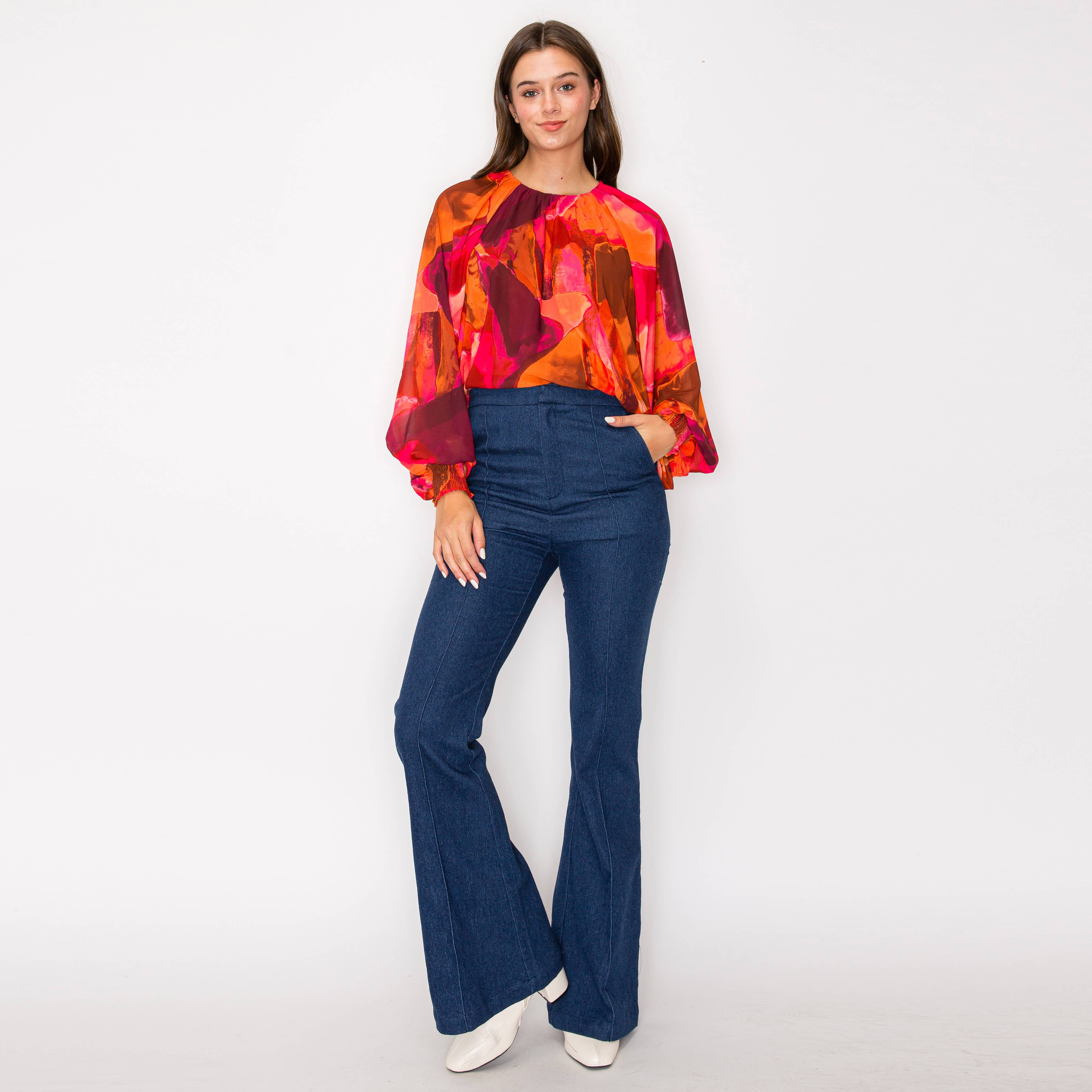 Jewel color abstract print long sleeve blouse