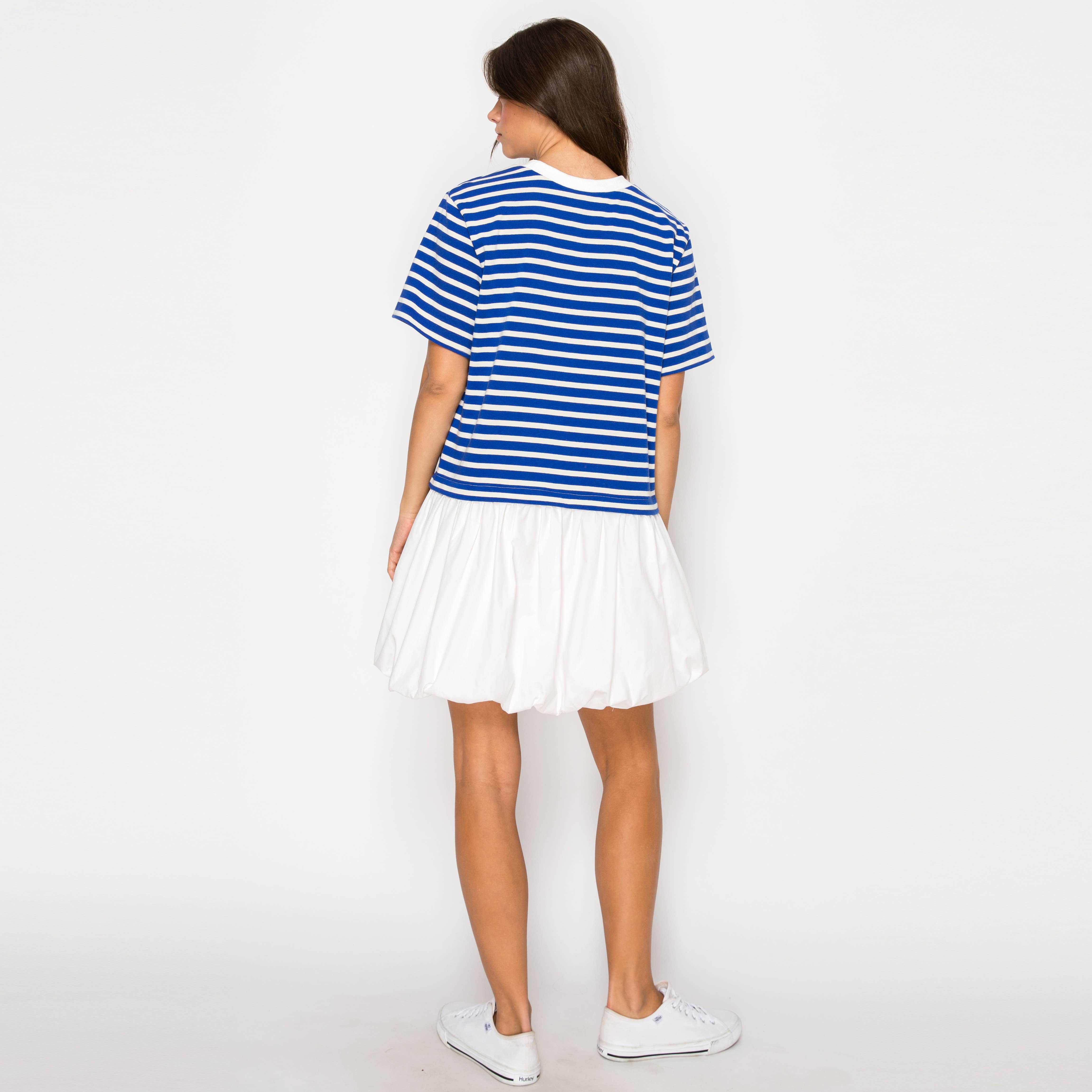 Cool Blue & White Stripe Mini Dress Bubble Skirt