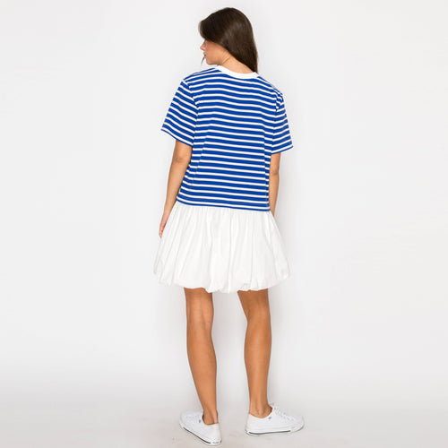 Cool Blue & White Stripe Mini Dress Bubble Skirt