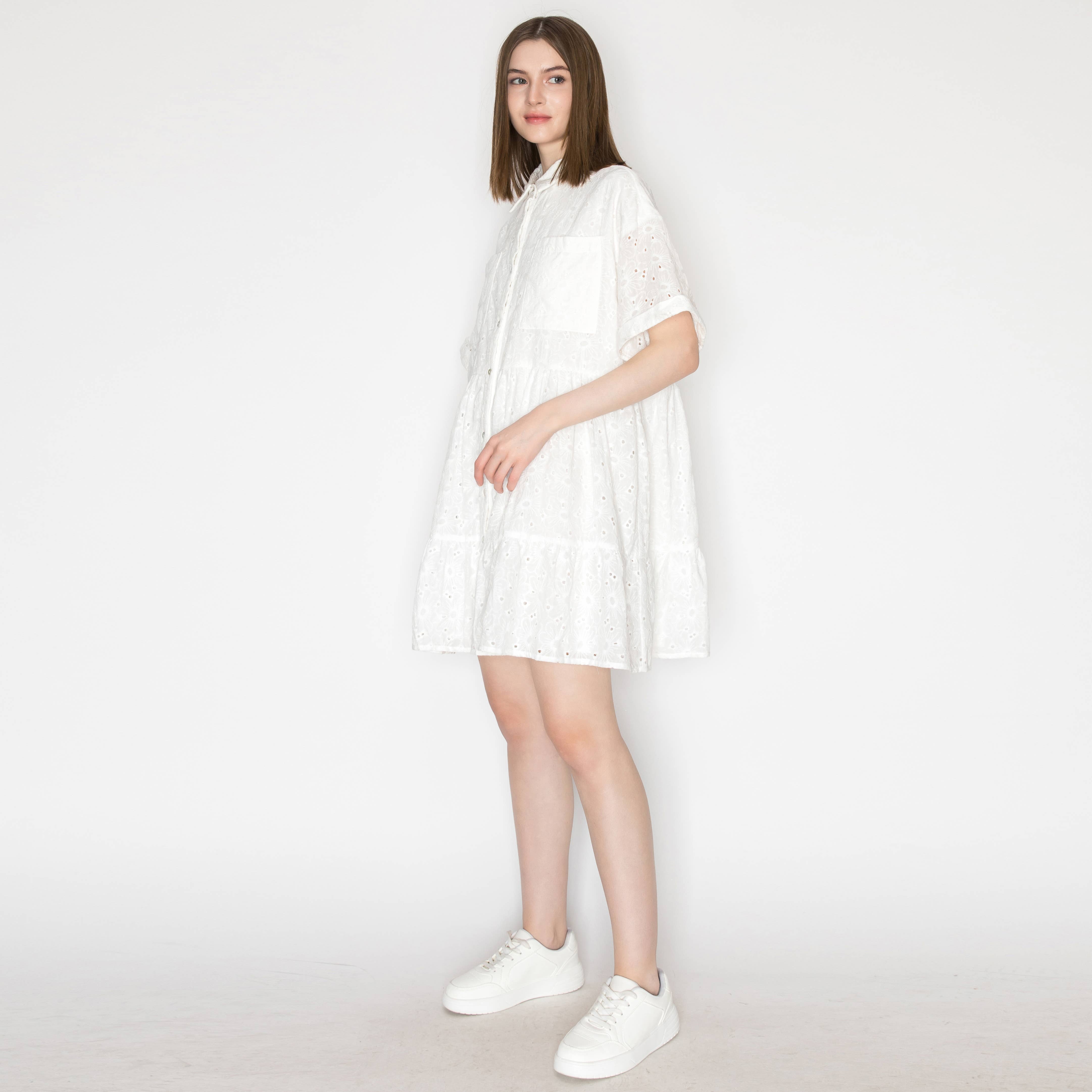 Cotton eyelet shirts mini dress