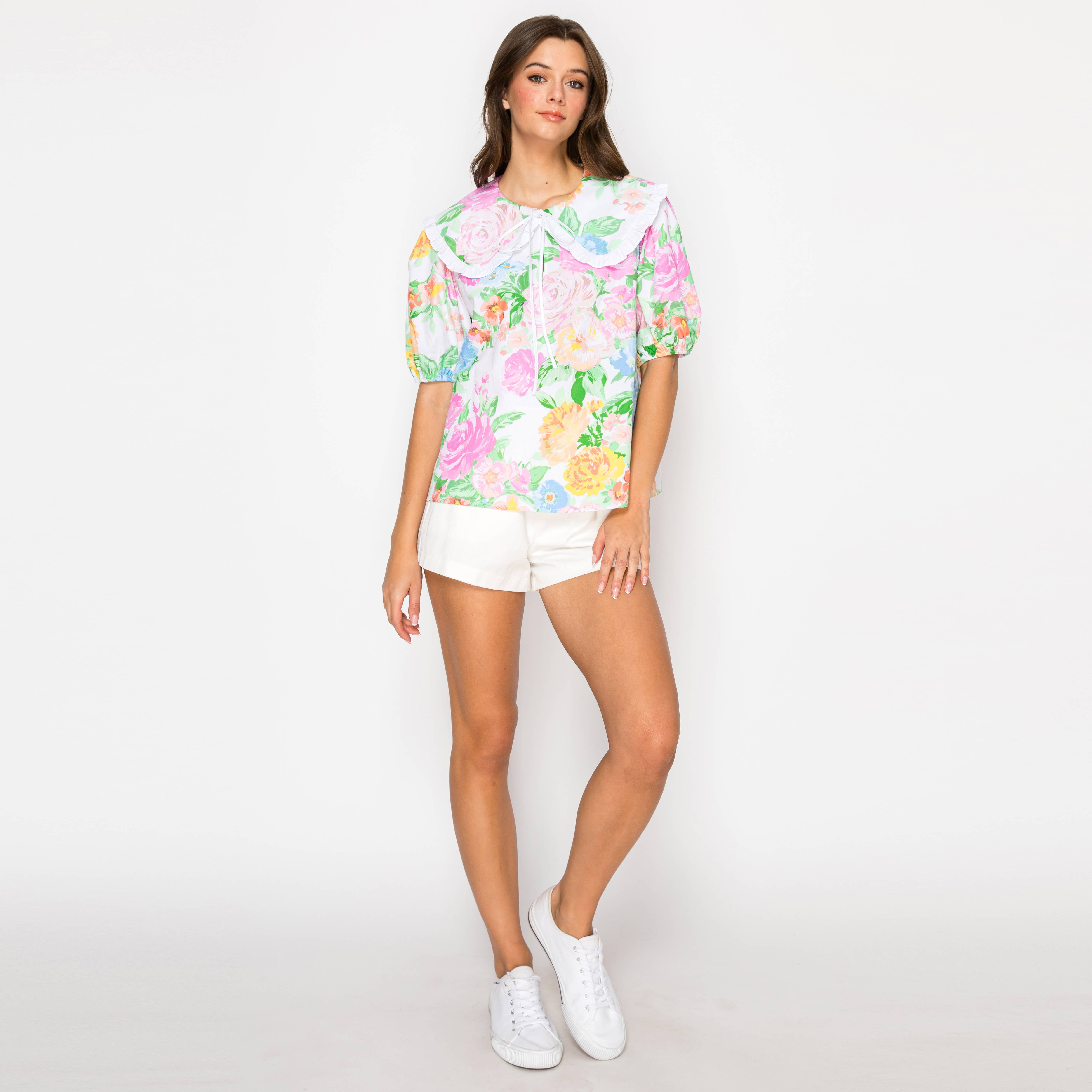 Garden Flower Print Cotton Top With Collar