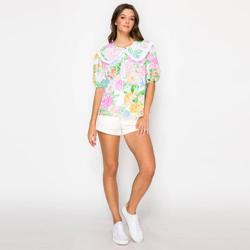 Garden Flower Print Cotton Top With Collar