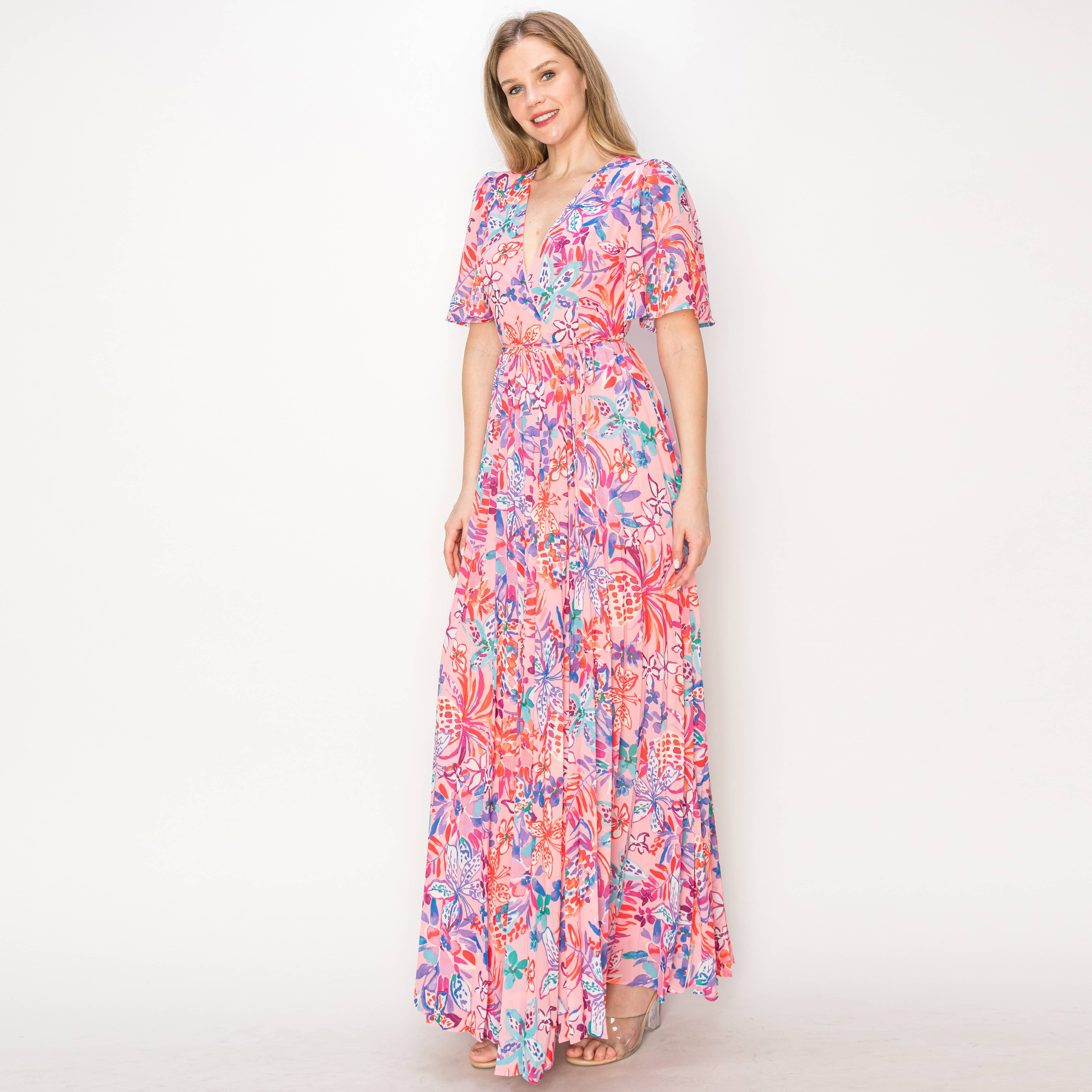 Print wrap maxi dress with flare sleeves