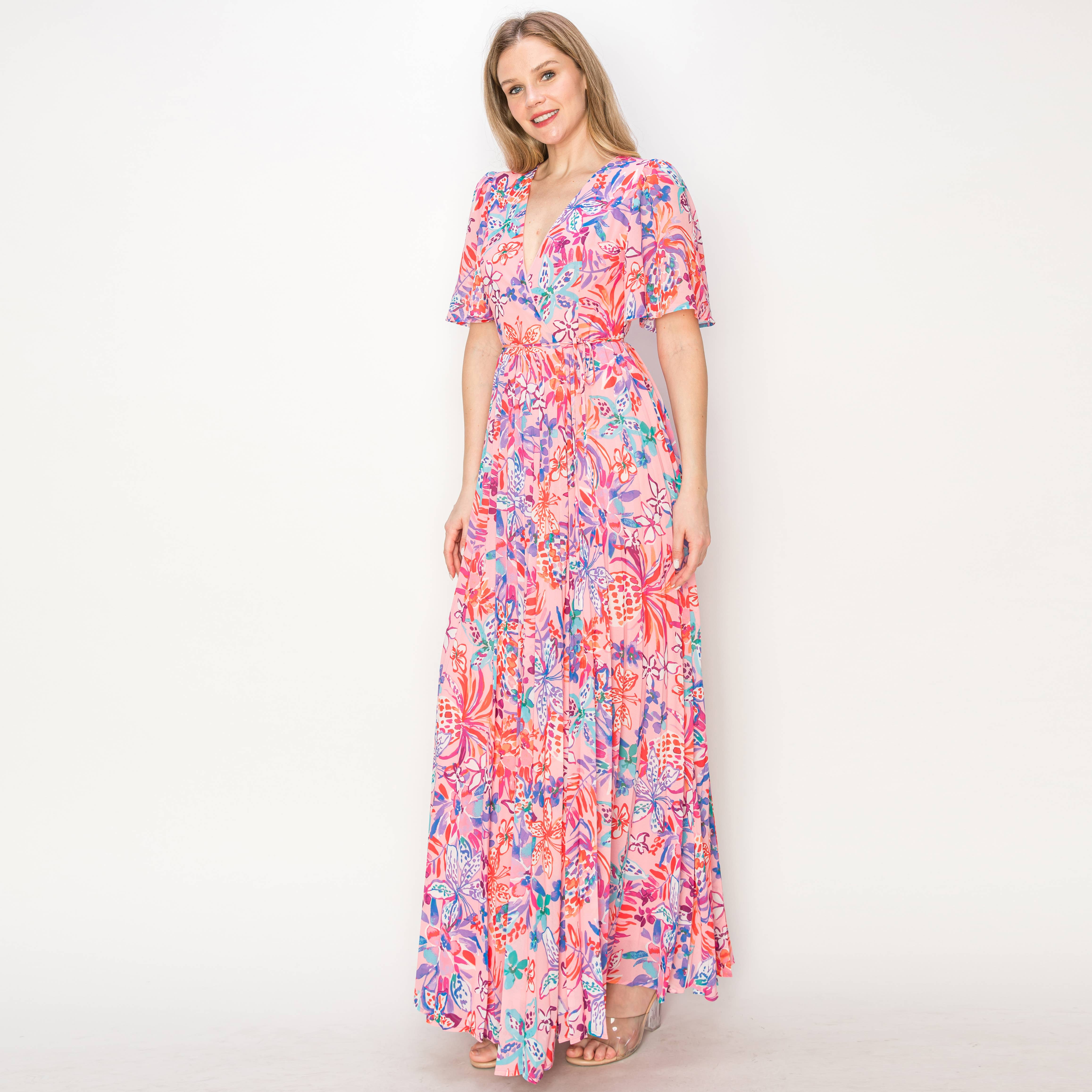 Print wrap maxi dress with flare sleeves