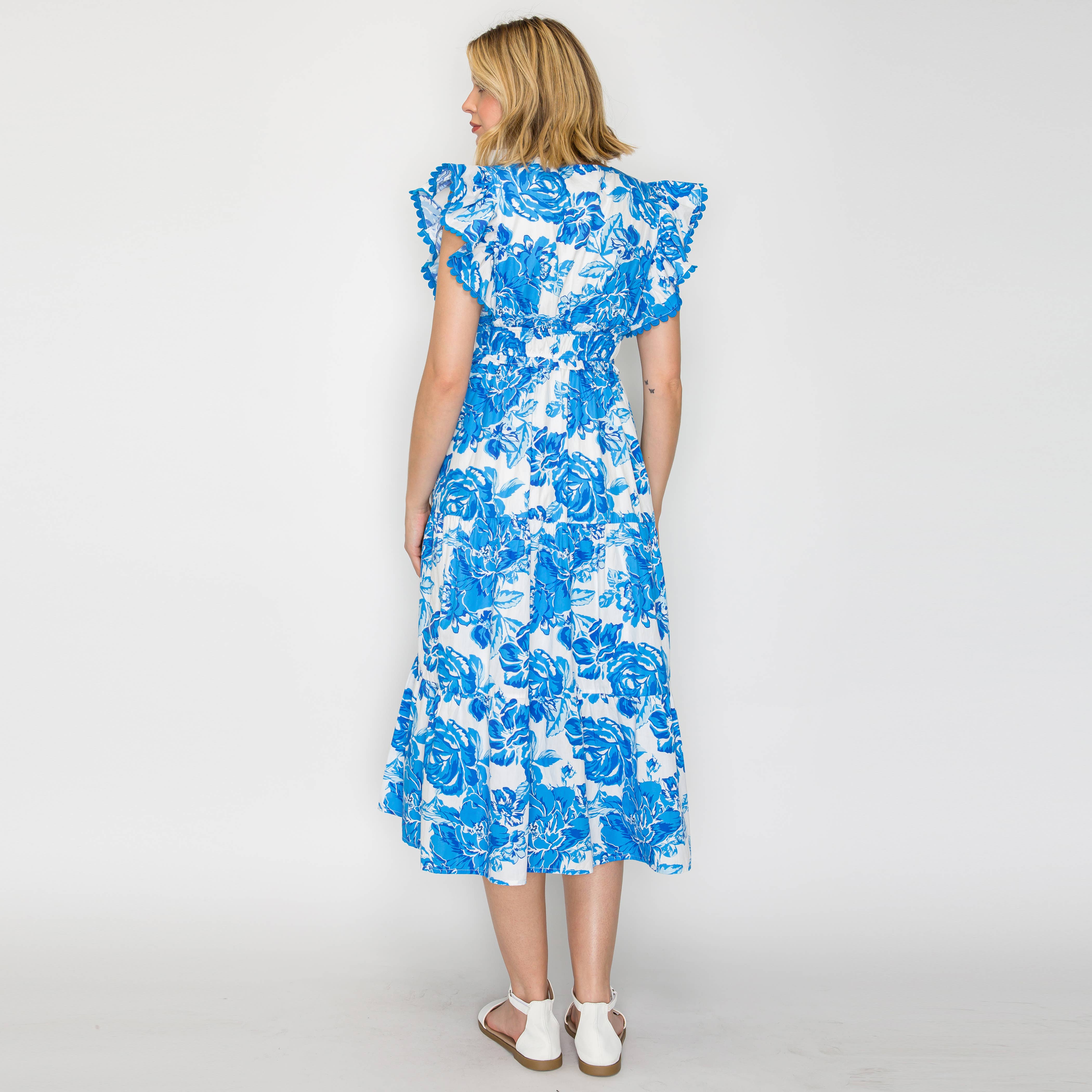 Summer Blue Flower Print Cotton Midi Dress