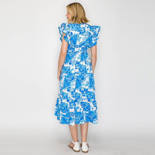 Summer Blue Flower Print Cotton Midi Dress