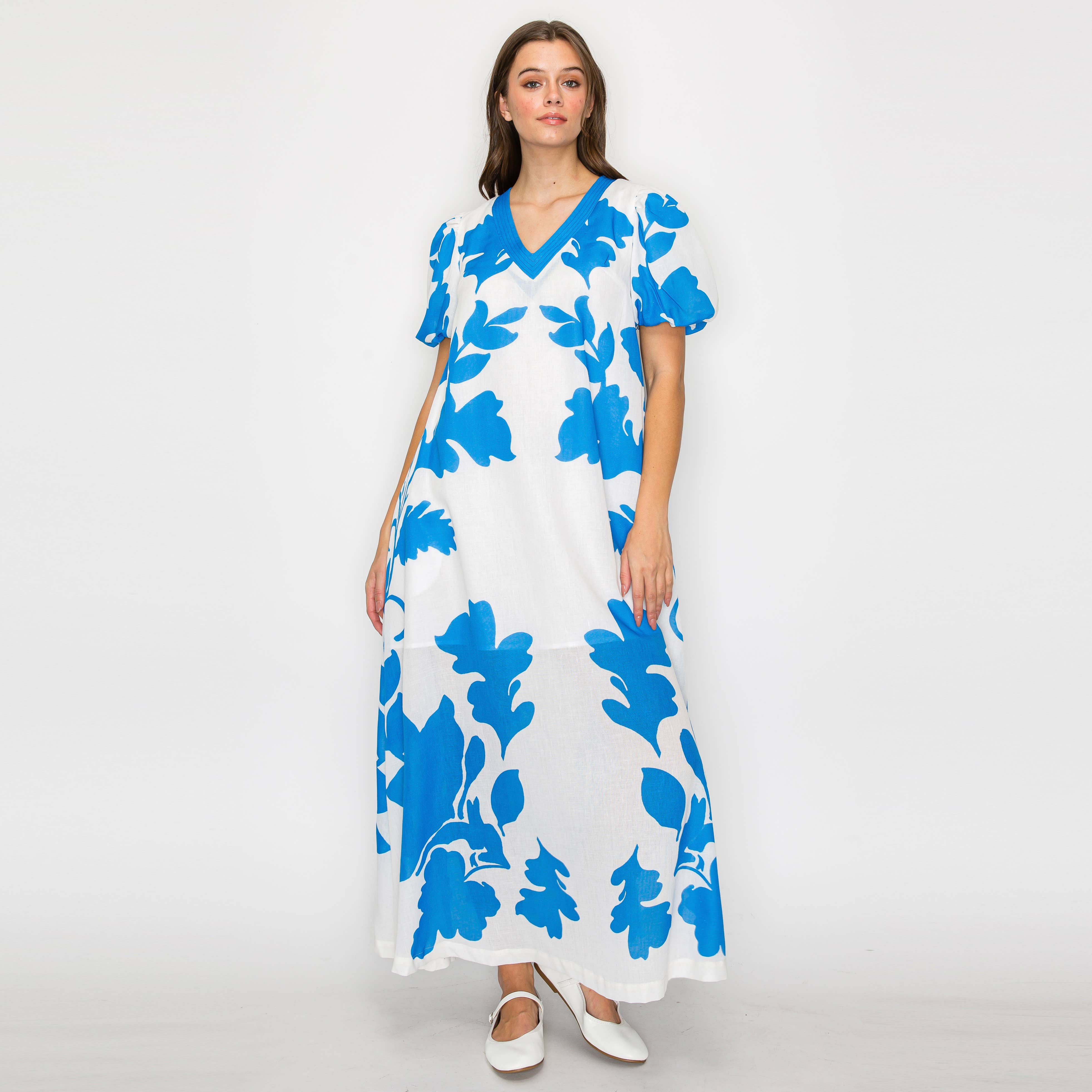 Blue Leaves Placement Print Long Dress