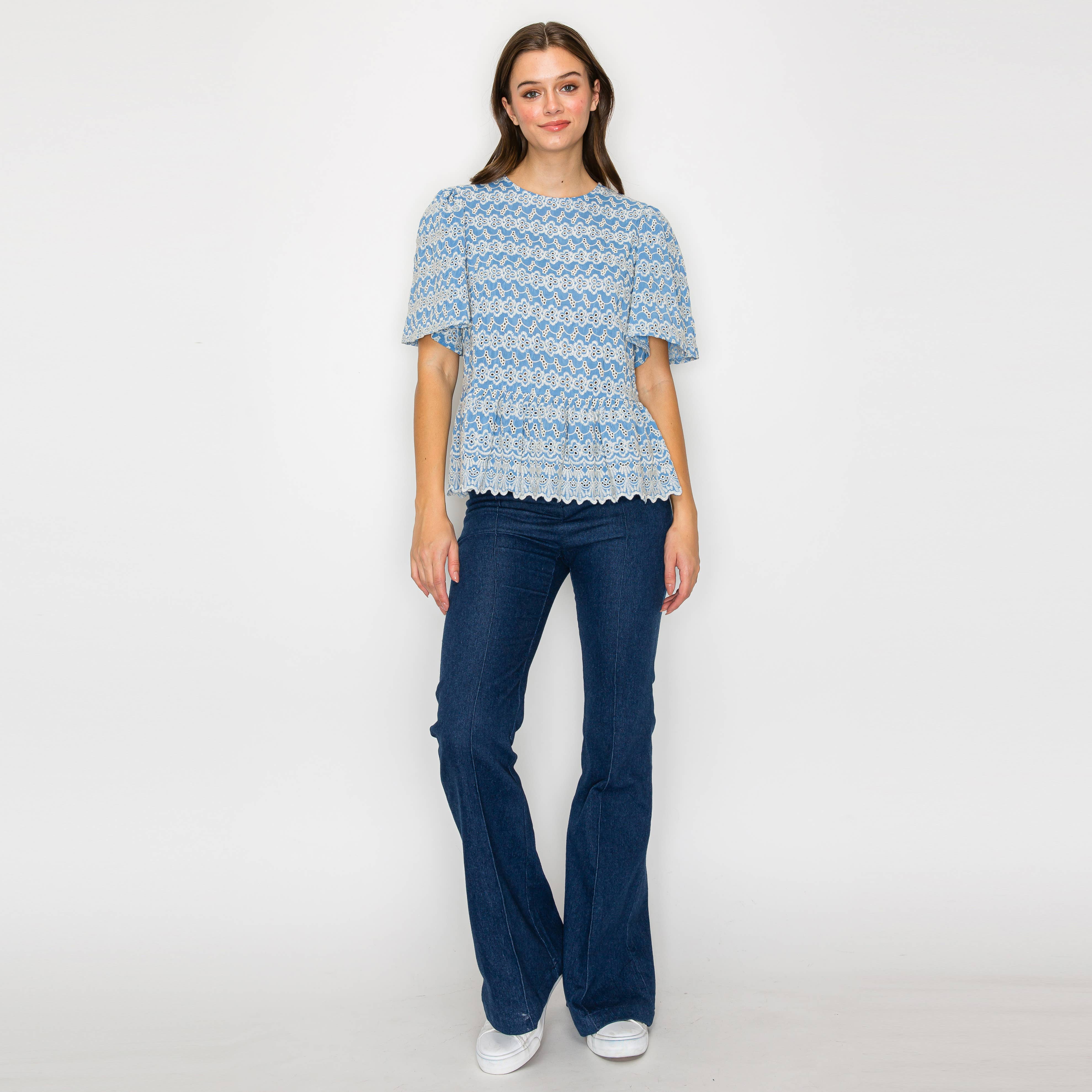 Periwinkle with White Embroidery Lovely Peplum Top