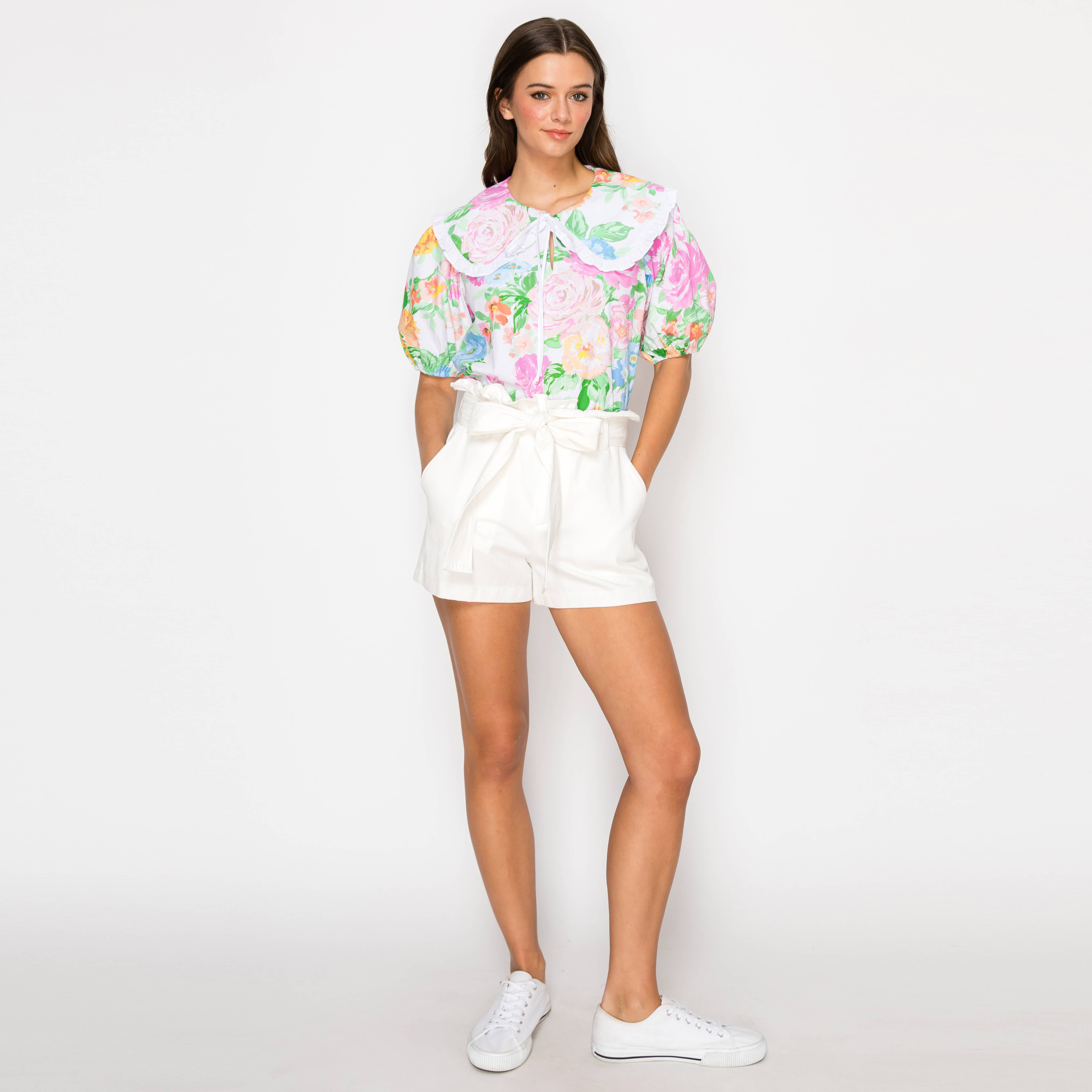 Garden Flower Print Cotton Top With Collar