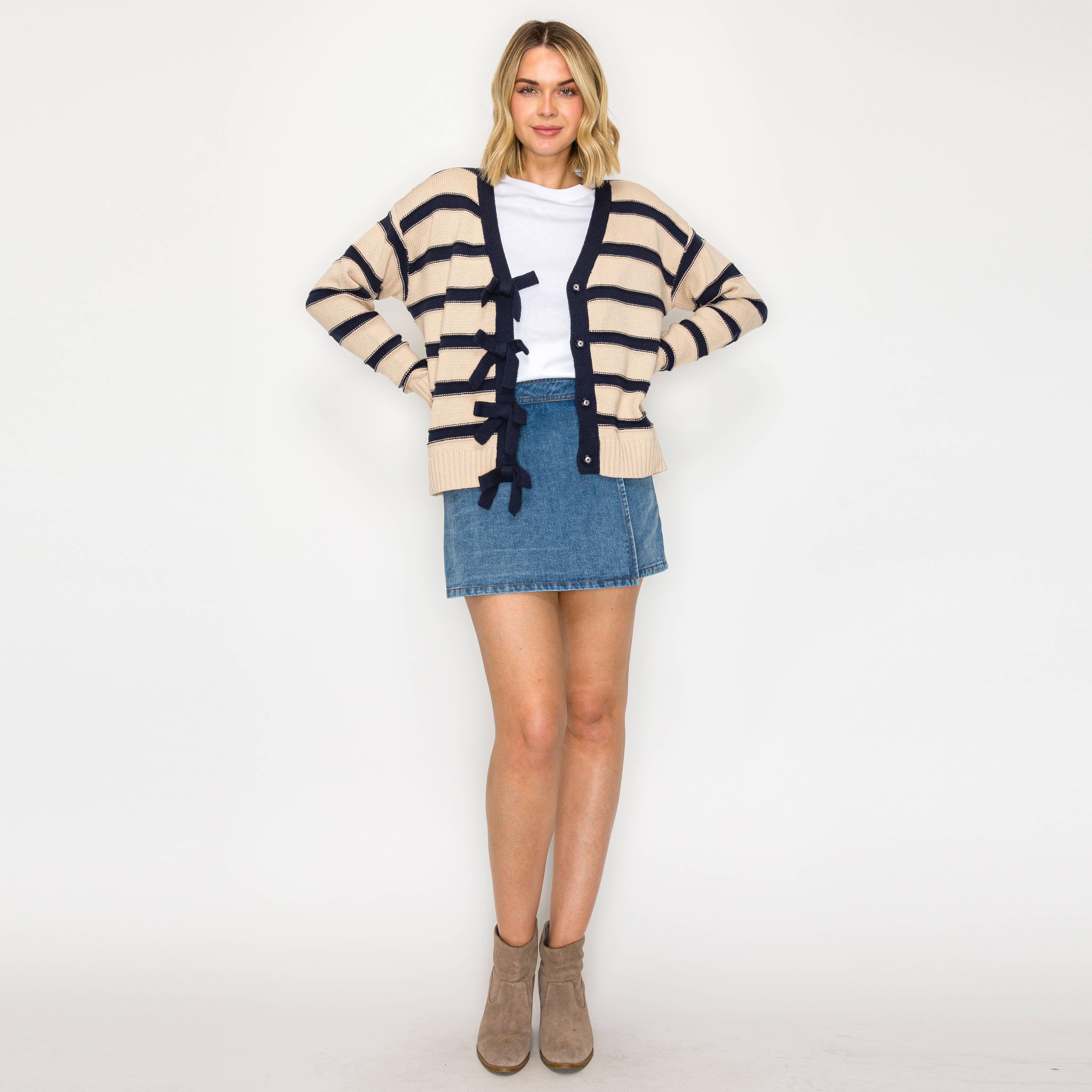 Love Love Bow Stripe V-neck Cardigan - LWSW1218