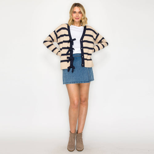 Love Love Bow Stripe V-neck Cardigan - LWSW1218