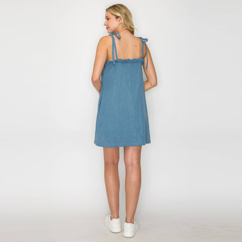 Ruffle Detail Mini Shift Dress with Shoulder Tie