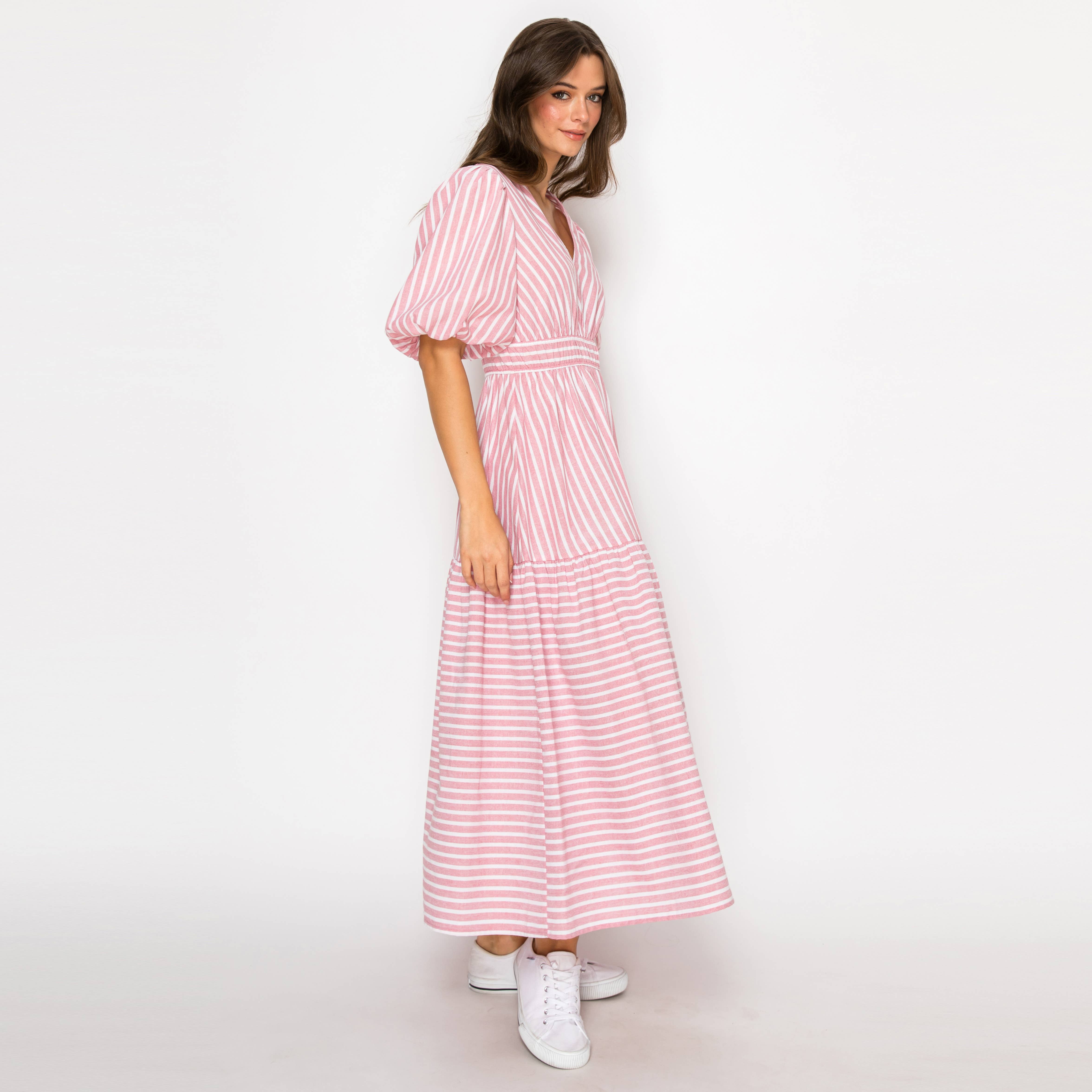 Soft Pink Stripe Linen Midi Dress