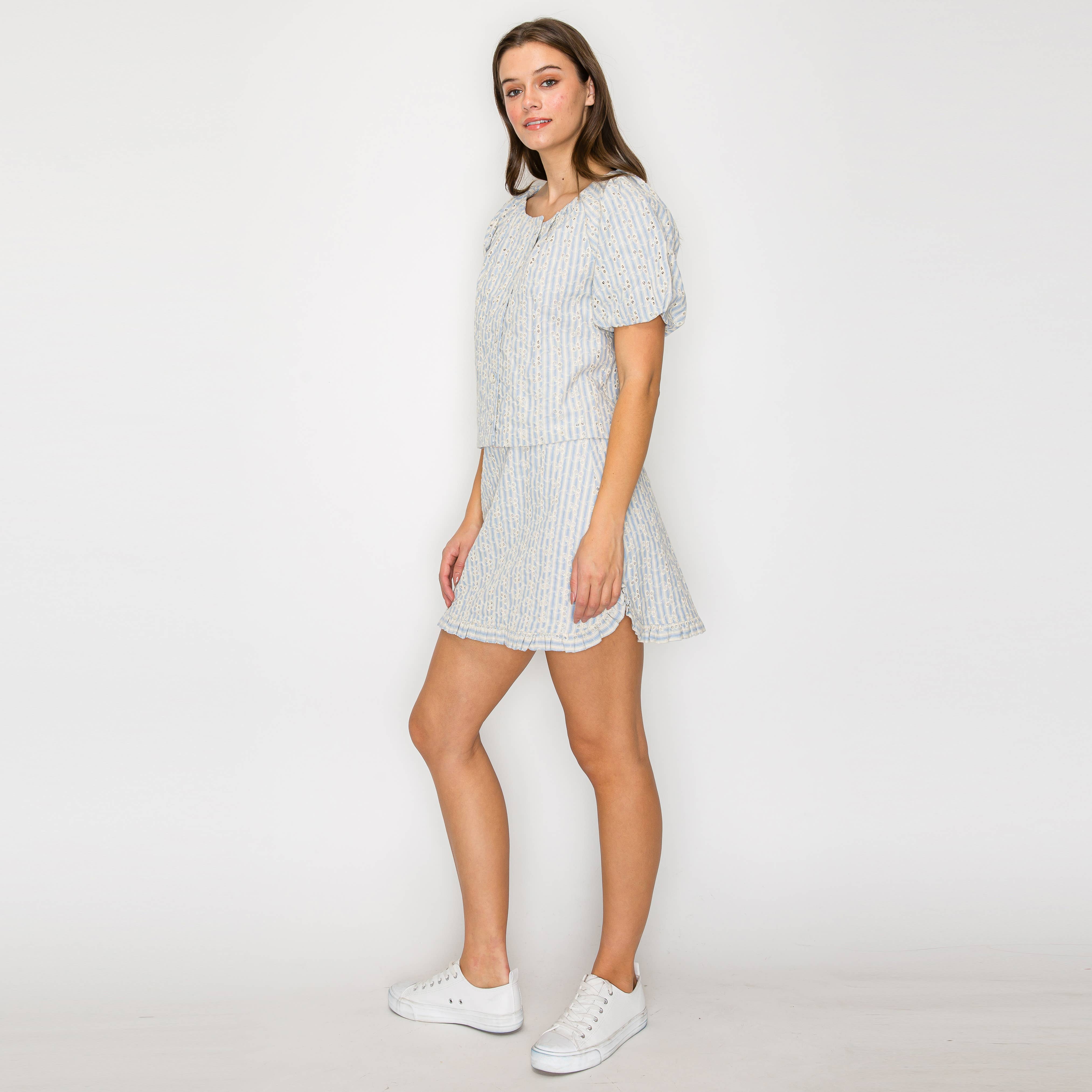 Soft Blue Stripe with Embroidery Top