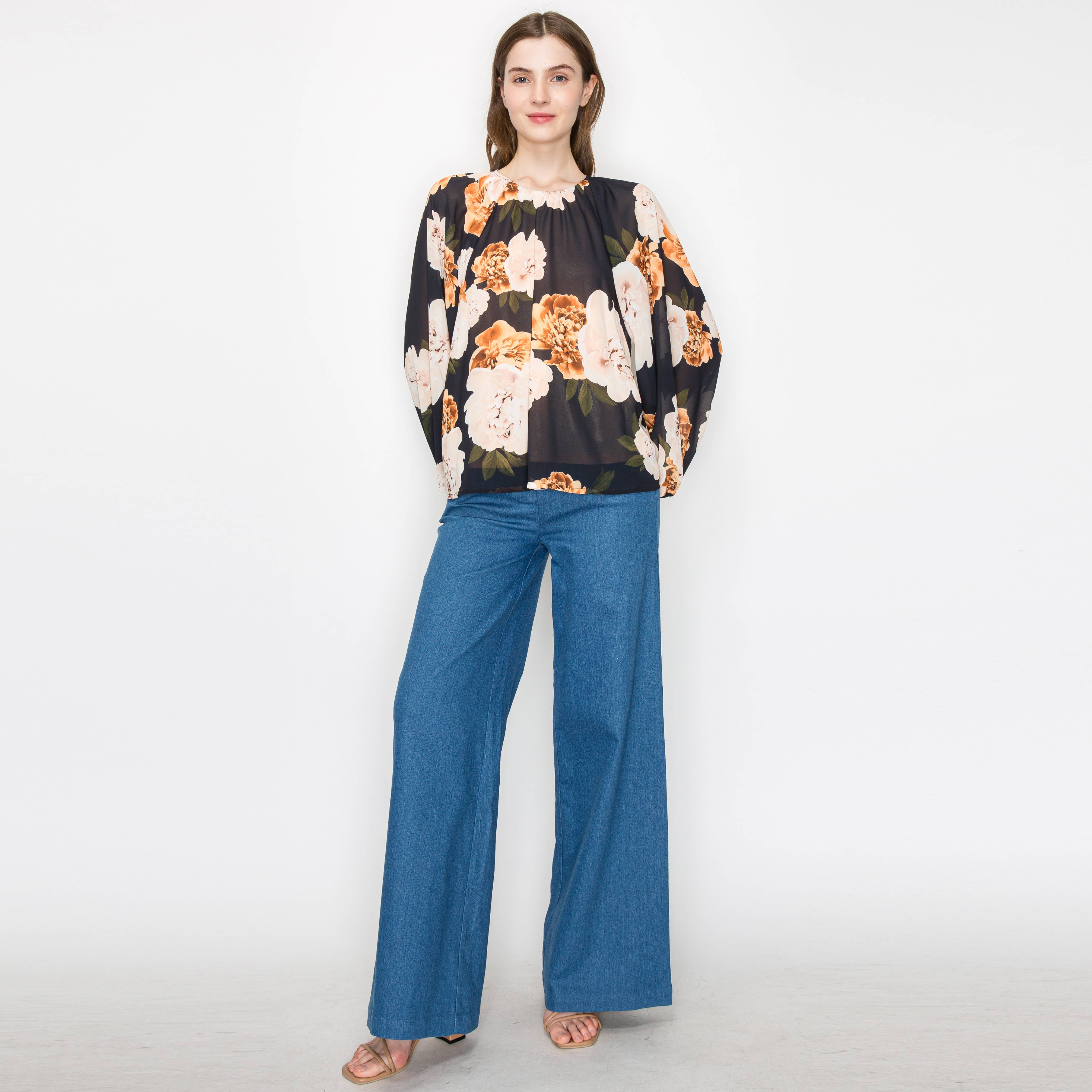 Black flower print blouse