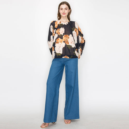 Black flower print blouse