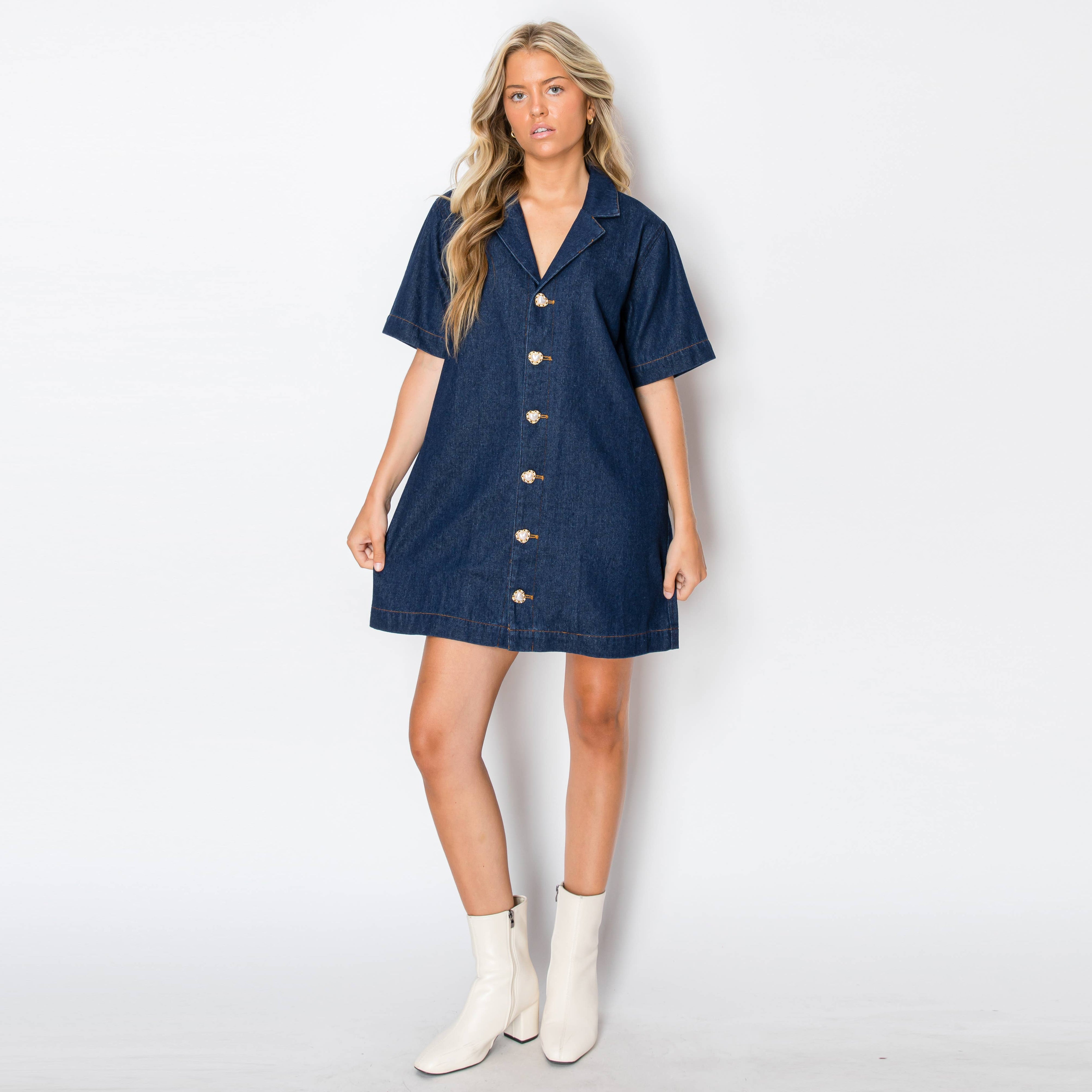 Denim shirts mini dress with jewel buttons