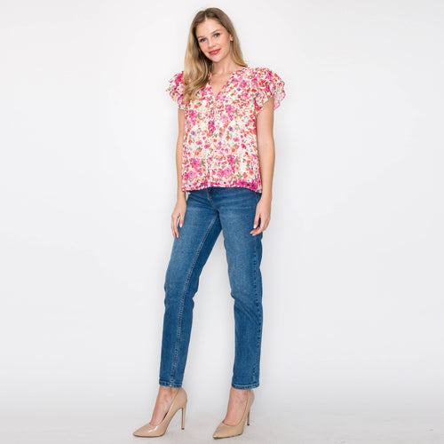 Print button-down blouse with double ruffle sleeves- LWT1547