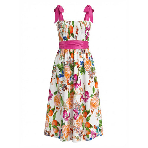 TANGERINE BLOOM Smocked Midi Dress