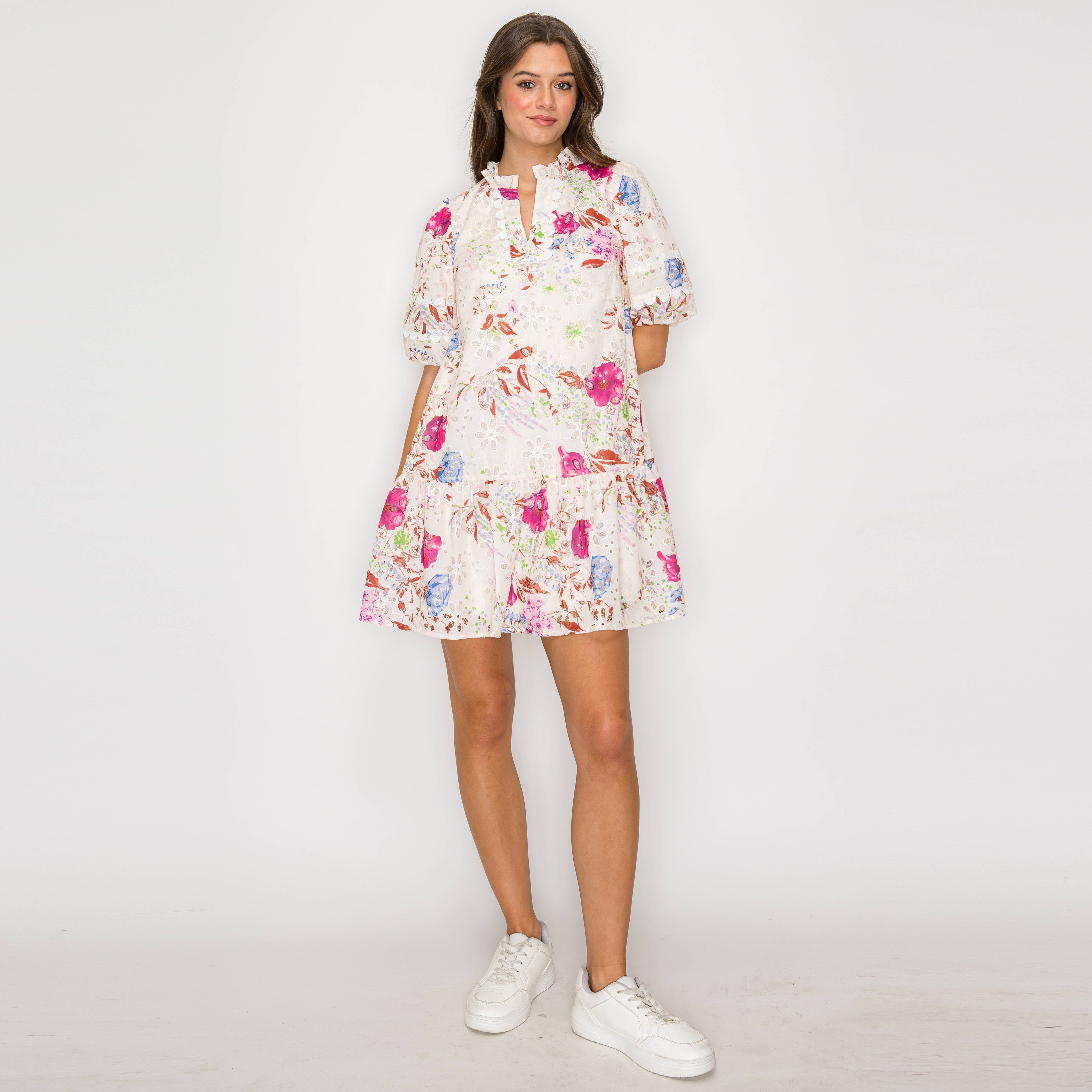 Pink Flower Print Eyelet Mini Dress