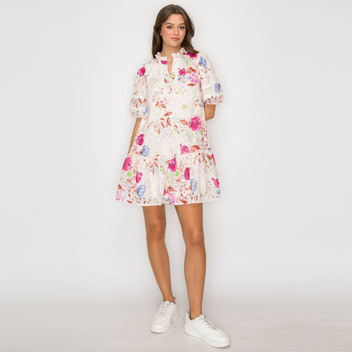 Pink Flower Print Eyelet Mini Dress