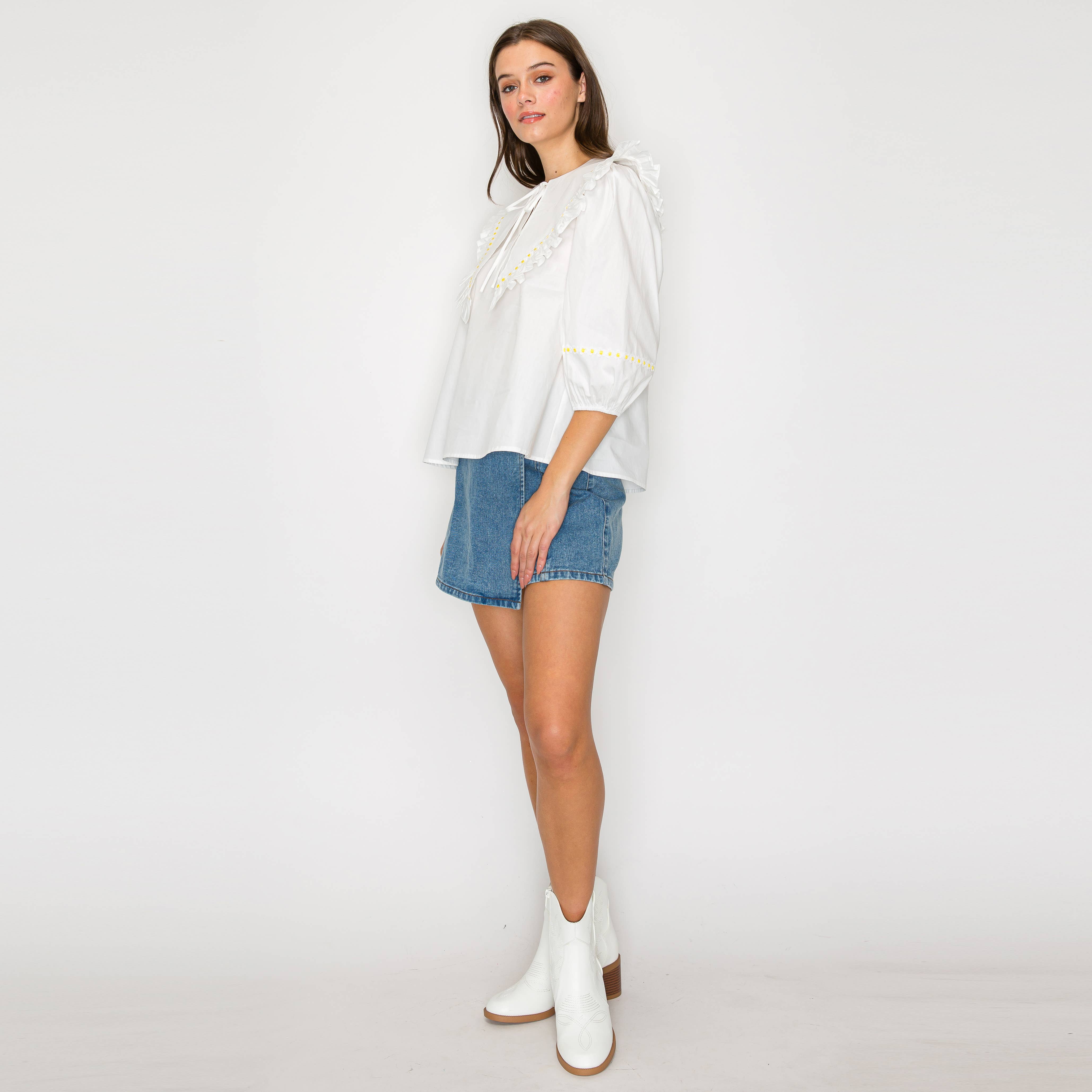 Big Collar Blouse with Yellow Daisy Trim