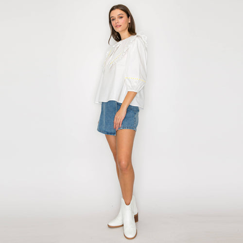 Big Collar Blouse with Yellow Daisy Trim