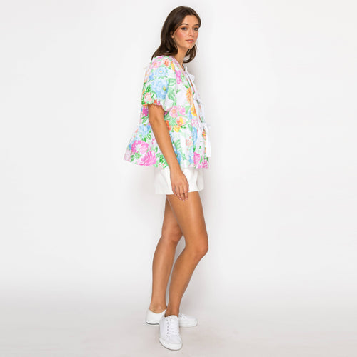 Garden Flower Print Cotton Top With Front Ribbon